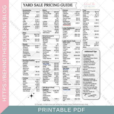 Printable Yard Sale Pricing Guide Minimal