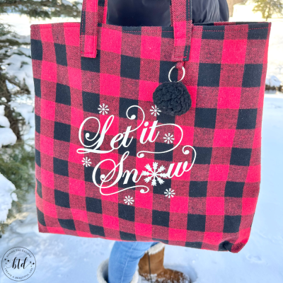 Let It Snow Buffalo Check Tote Bag With Snowflakes Close Up